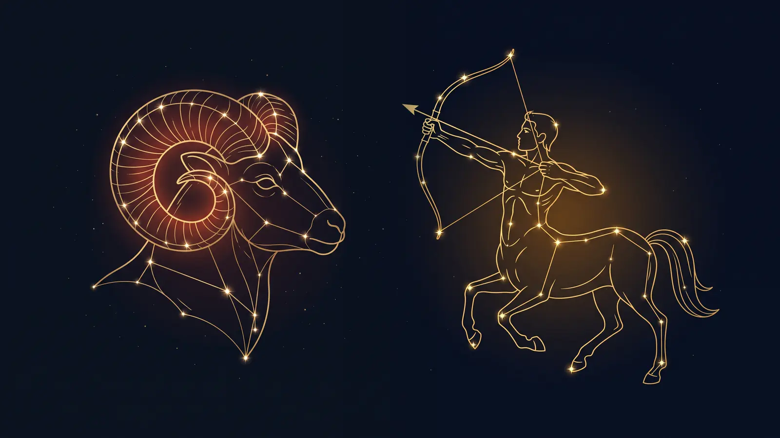 Two gold constellations on a midnight sky: the ram of Aries facing the archer of Sagittarius
