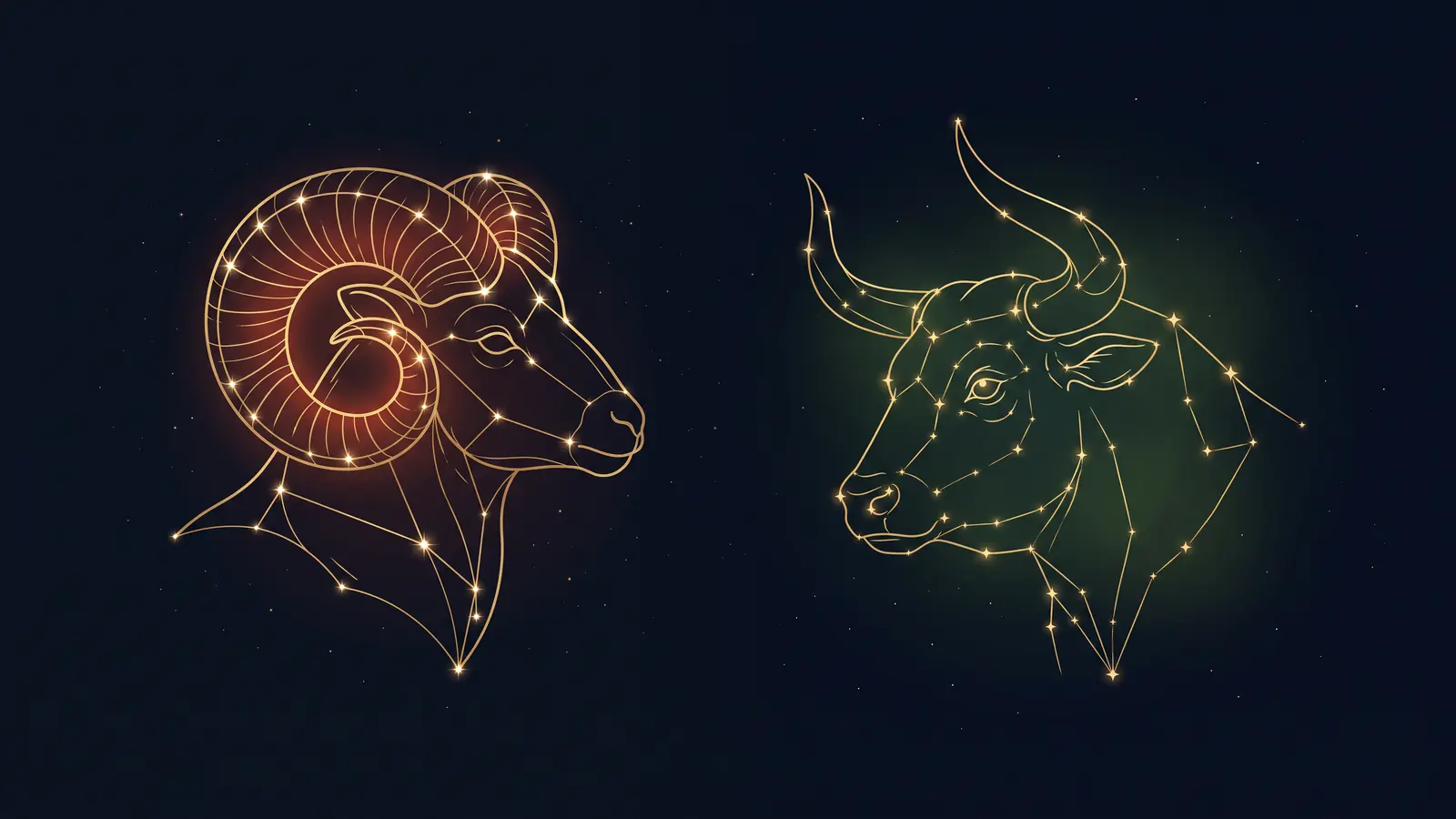 Two gold constellations on a midnight sky: the ram of Aries facing the bull of Taurus