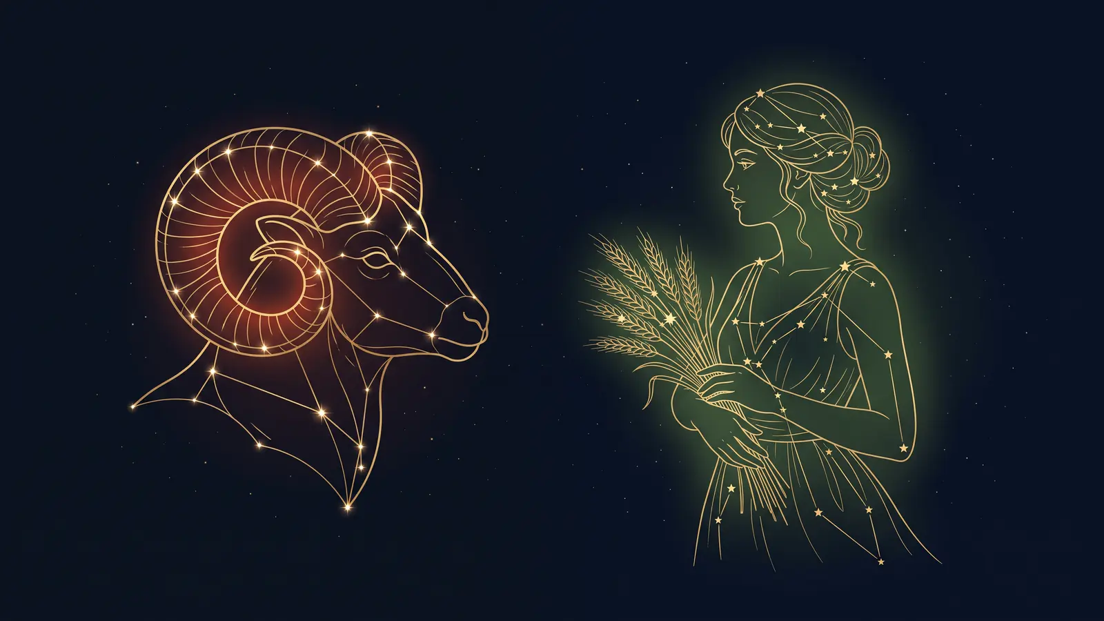 Two gold constellations on a midnight sky: the ram of Aries facing the maiden of Virgo