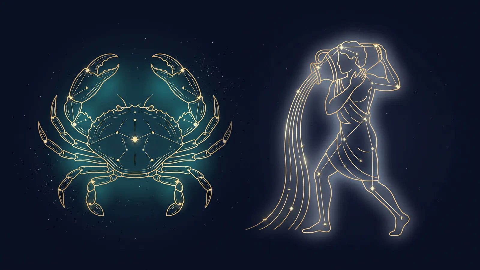 Two gold constellations on a midnight sky: the crab of Cancer facing the water bearer of Aquarius