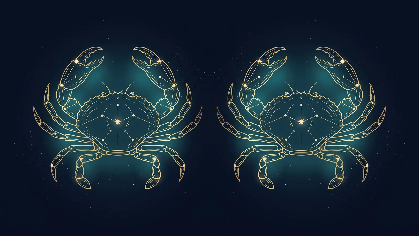 Two gold constellations of the crab, the symbol of Cancer, facing each other on a midnight sky