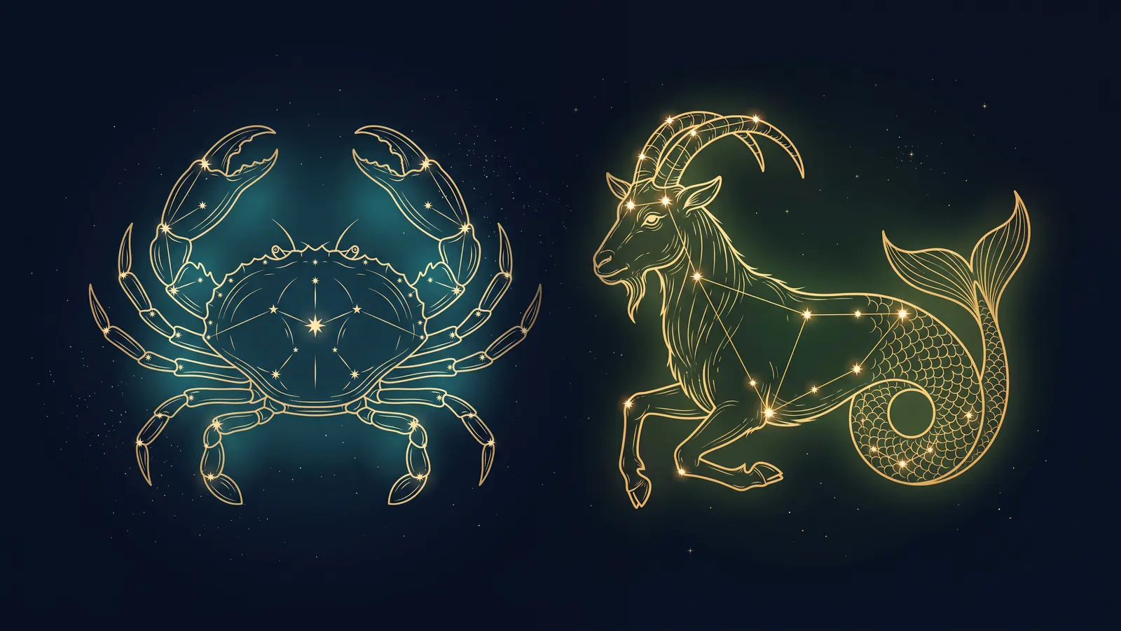 Two gold constellations on a midnight sky: the crab of Cancer facing the sea-goat of Capricorn