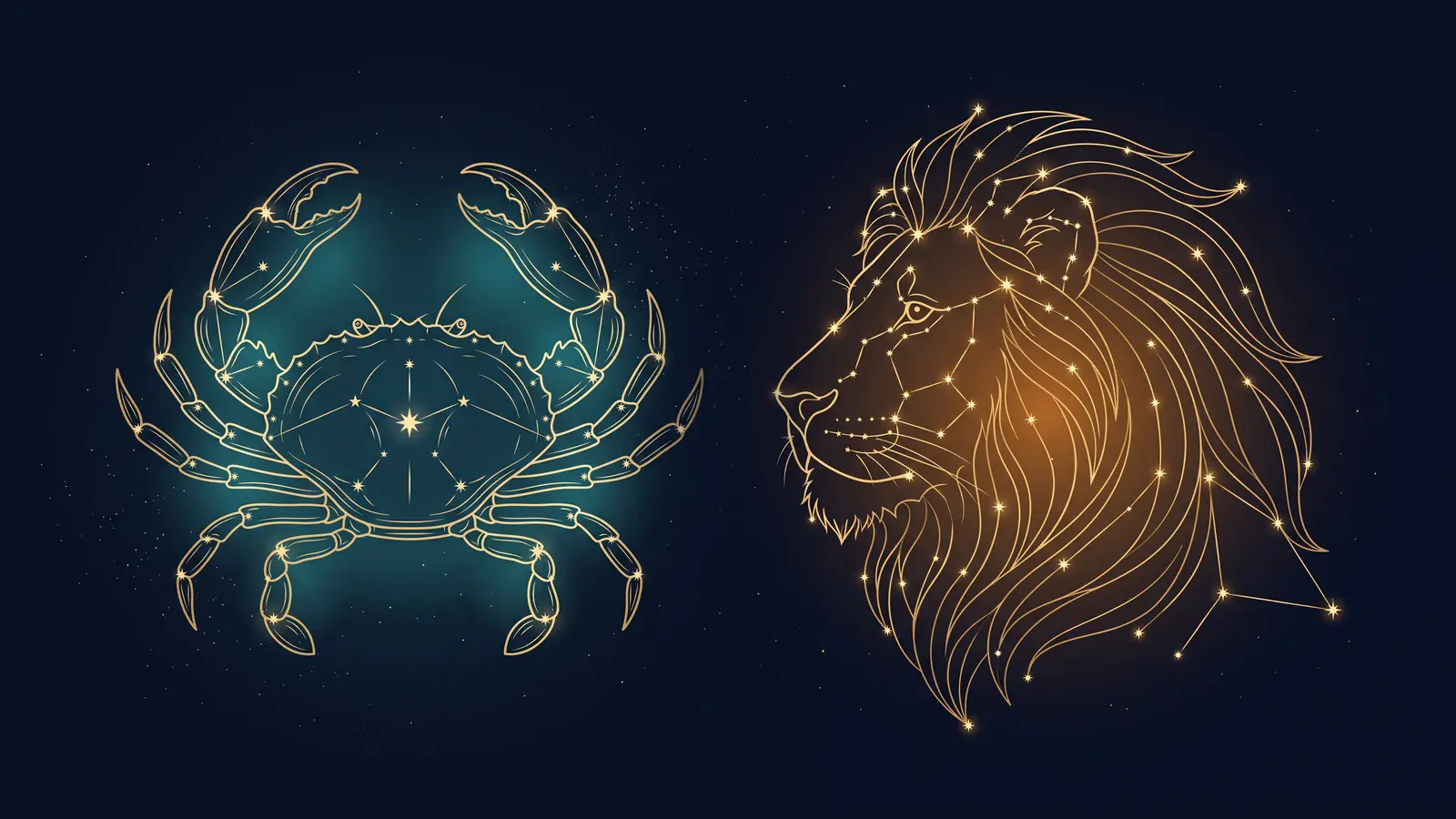 Two gold constellations on a midnight sky: the crab of Cancer facing the lion of Leo