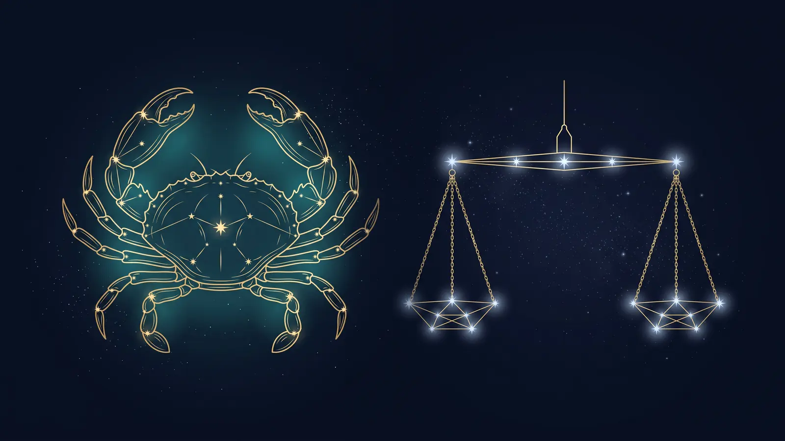 Two gold constellations on a midnight sky: the crab of Cancer facing the scales of Libra