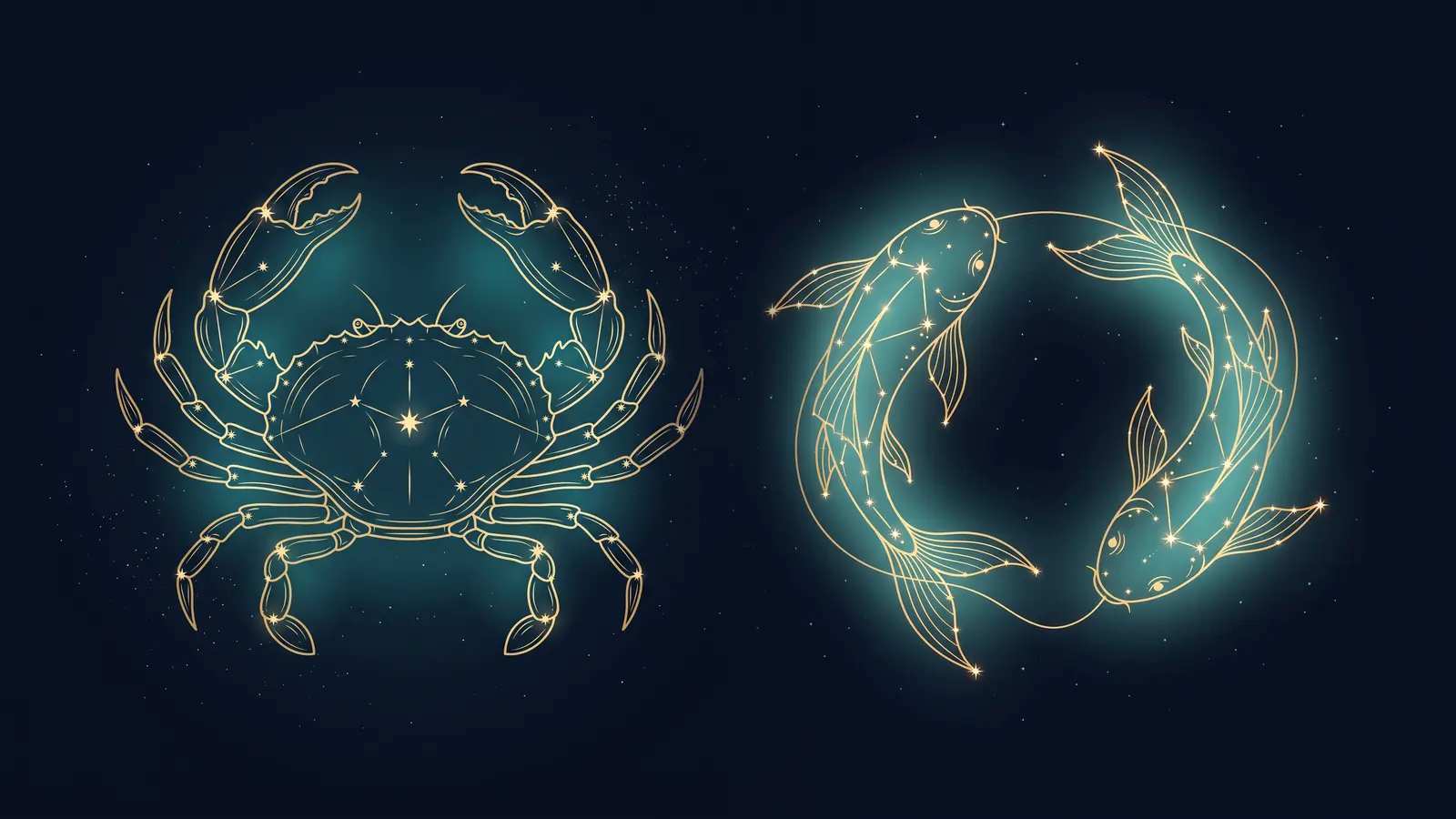 Two gold constellations on a midnight sky: the crab of Cancer facing the fish of Pisces
