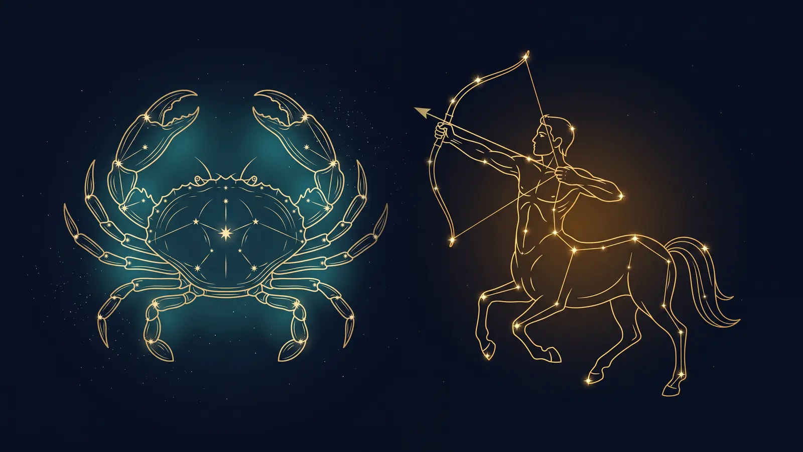 Two gold constellations on a midnight sky: the crab of Cancer facing the archer of Sagittarius