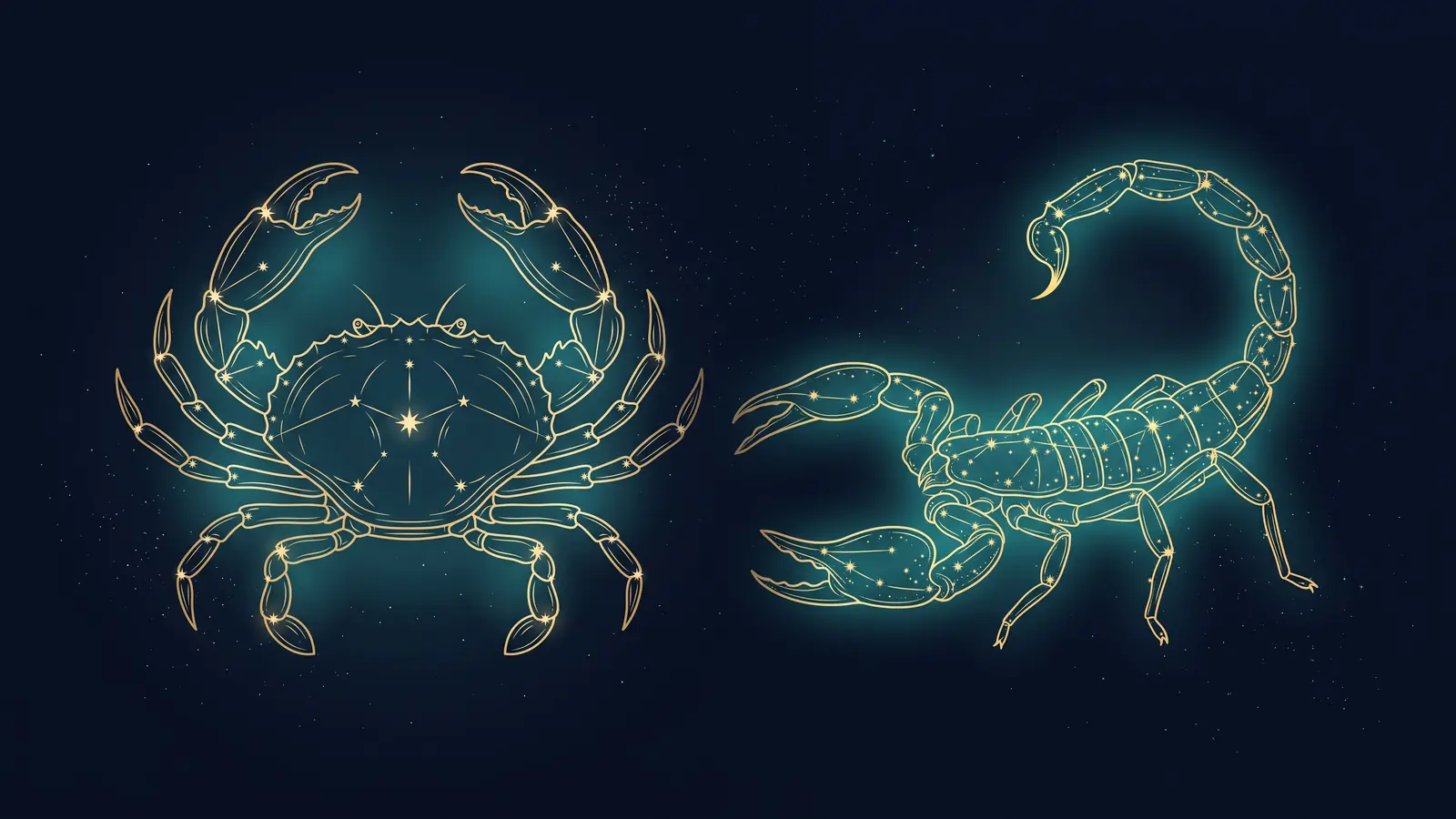 Two gold constellations on a midnight sky: the crab of Cancer facing the scorpion of Scorpio