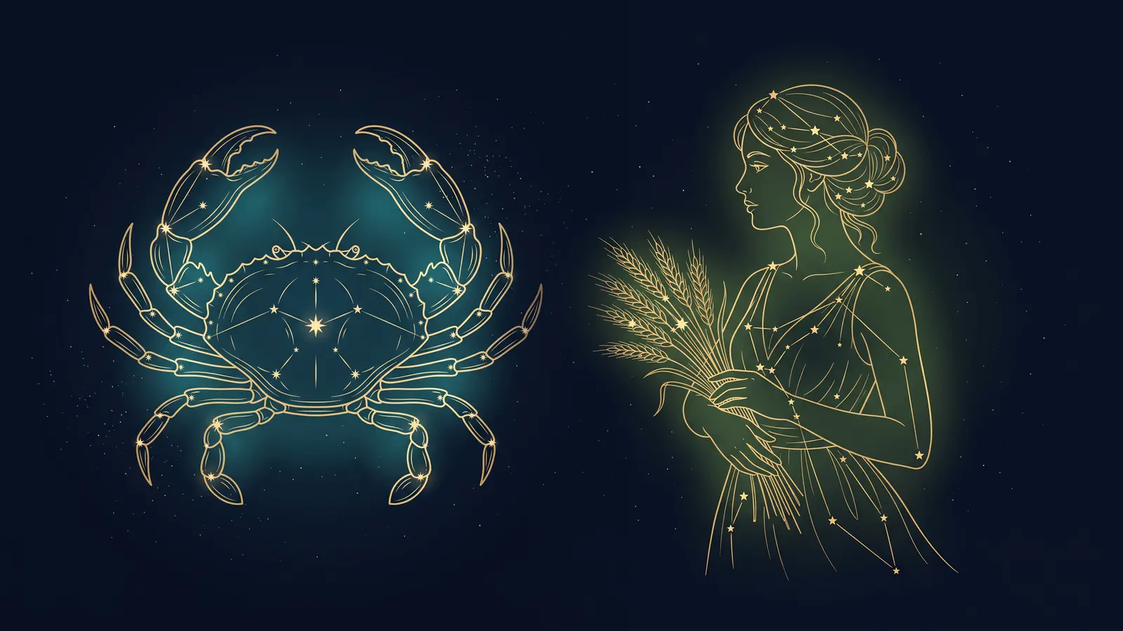 Two gold constellations on a midnight sky: the crab of Cancer facing the maiden of Virgo