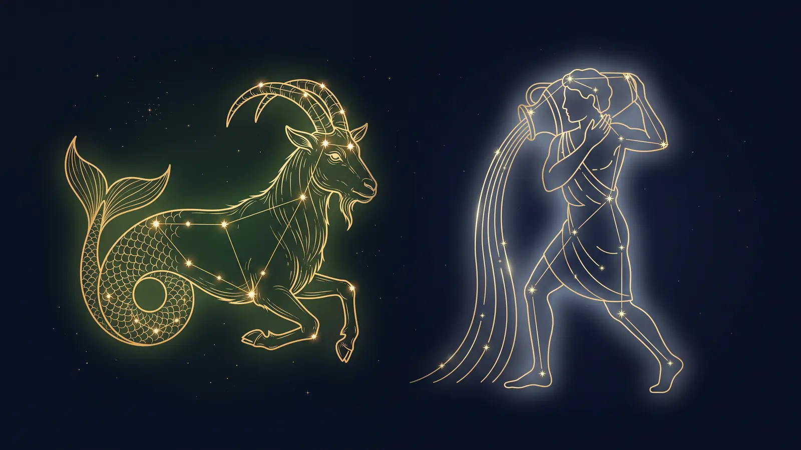 Two gold constellations on a midnight sky: the sea-goat of Capricorn facing the water bearer of Aquarius