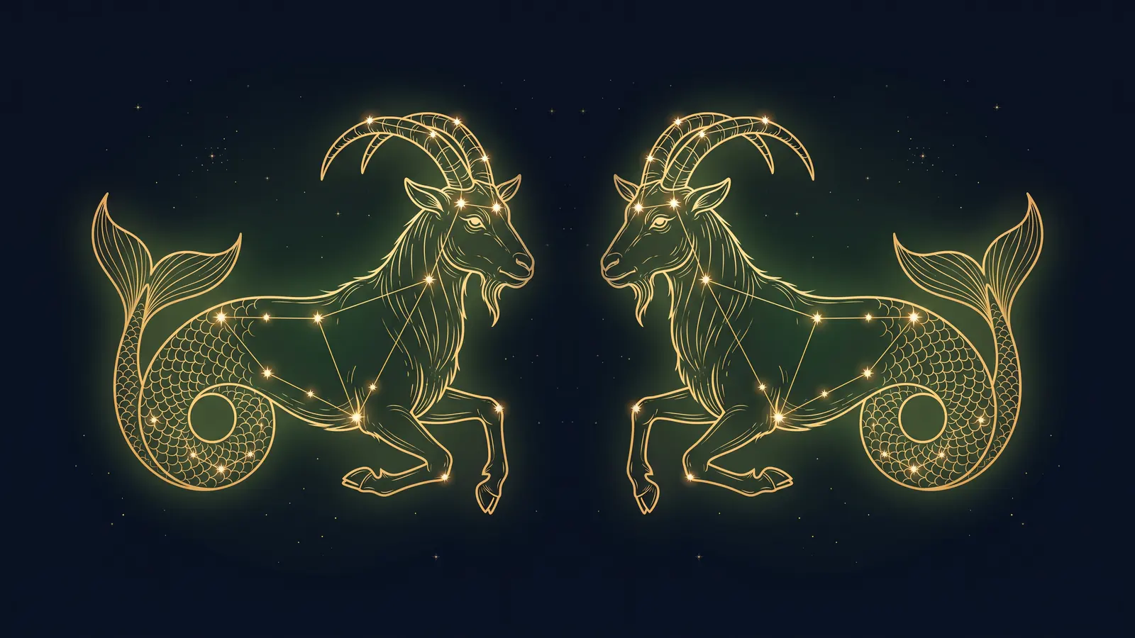 Two gold constellations of the sea-goat, the symbol of Capricorn, facing each other on a midnight sky