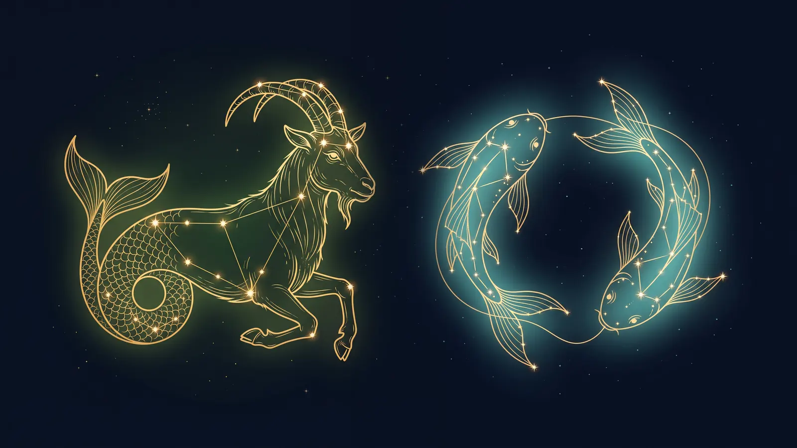 Two gold constellations on a midnight sky: the sea-goat of Capricorn facing the fish of Pisces