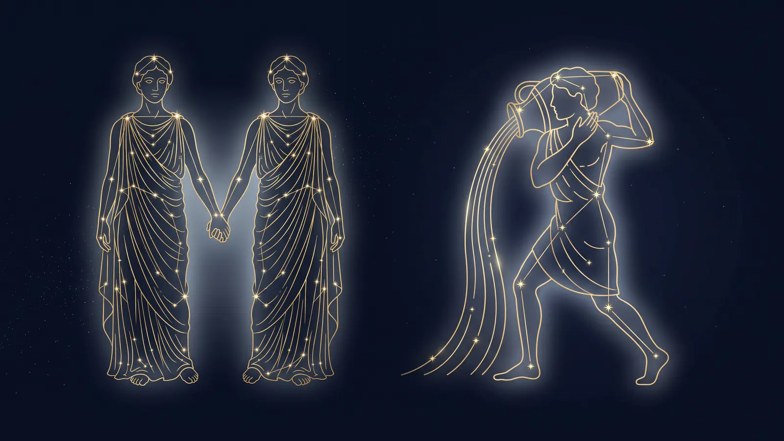 Two gold constellations on a midnight sky: the twins of Gemini facing the water bearer of Aquarius