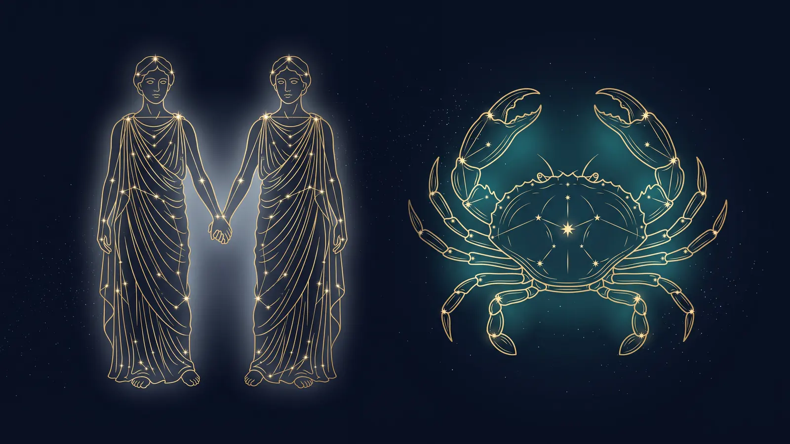 Two gold constellations on a midnight sky: the twins of Gemini facing the crab of Cancer