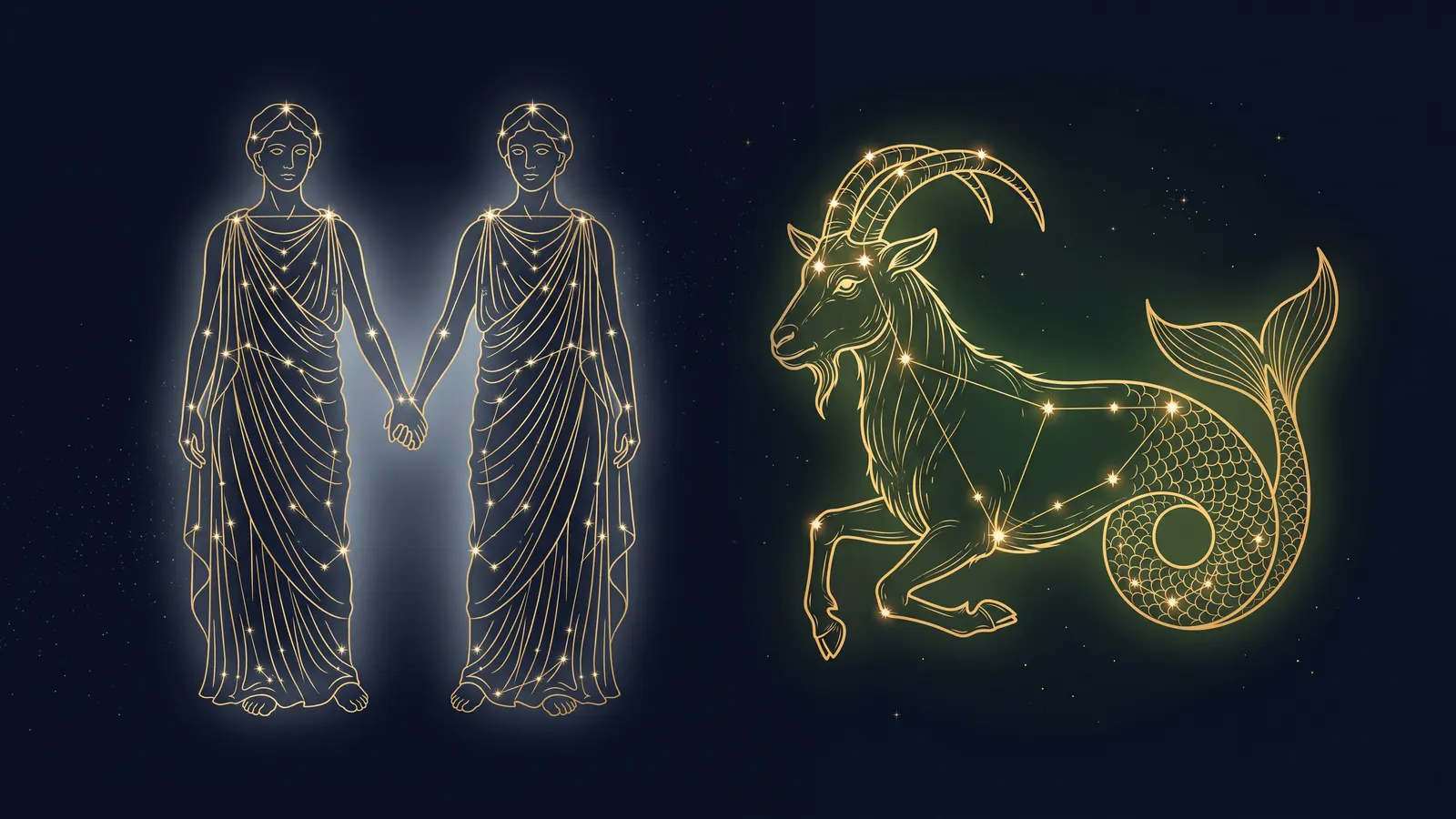 Two gold constellations on a midnight sky: the twins of Gemini facing the sea-goat of Capricorn