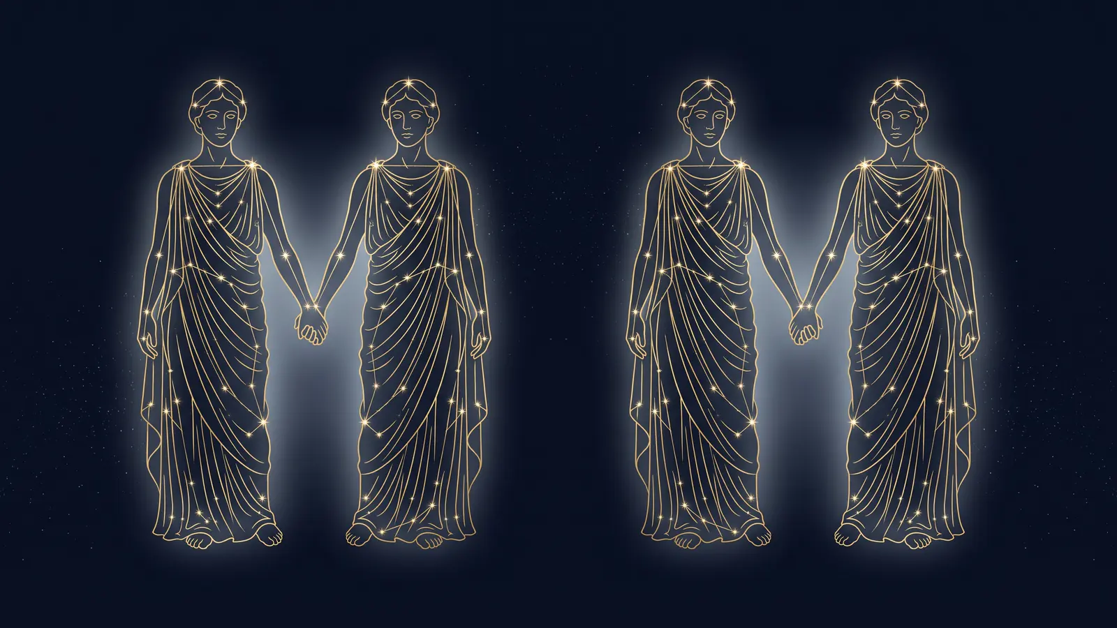 Two gold constellations of the twins, the symbol of Gemini, facing each other on a midnight sky