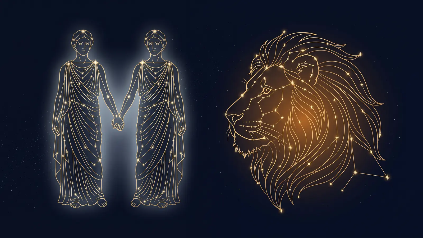 Two gold constellations on a midnight sky: the twins of Gemini facing the lion of Leo