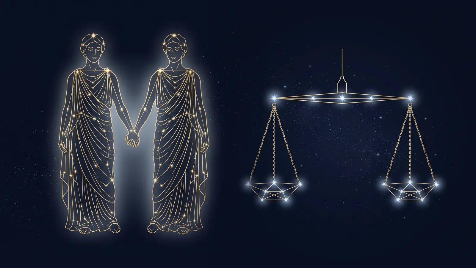 Two gold constellations on a midnight sky: the twins of Gemini facing the scales of Libra