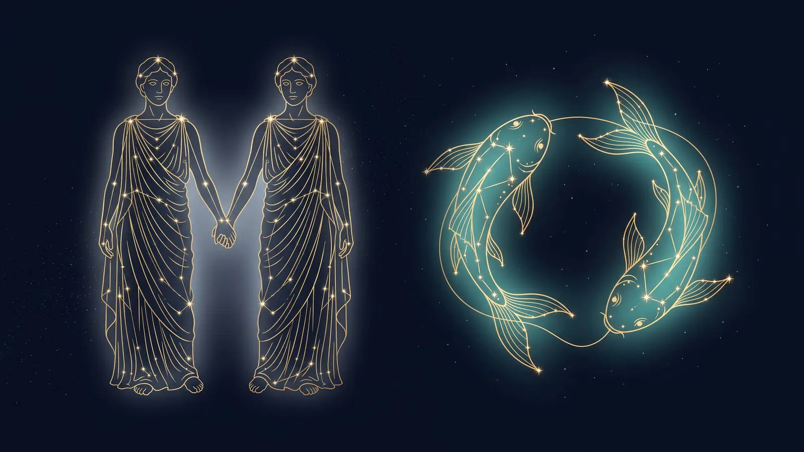 Two gold constellations on a midnight sky: the twins of Gemini facing the fish of Pisces