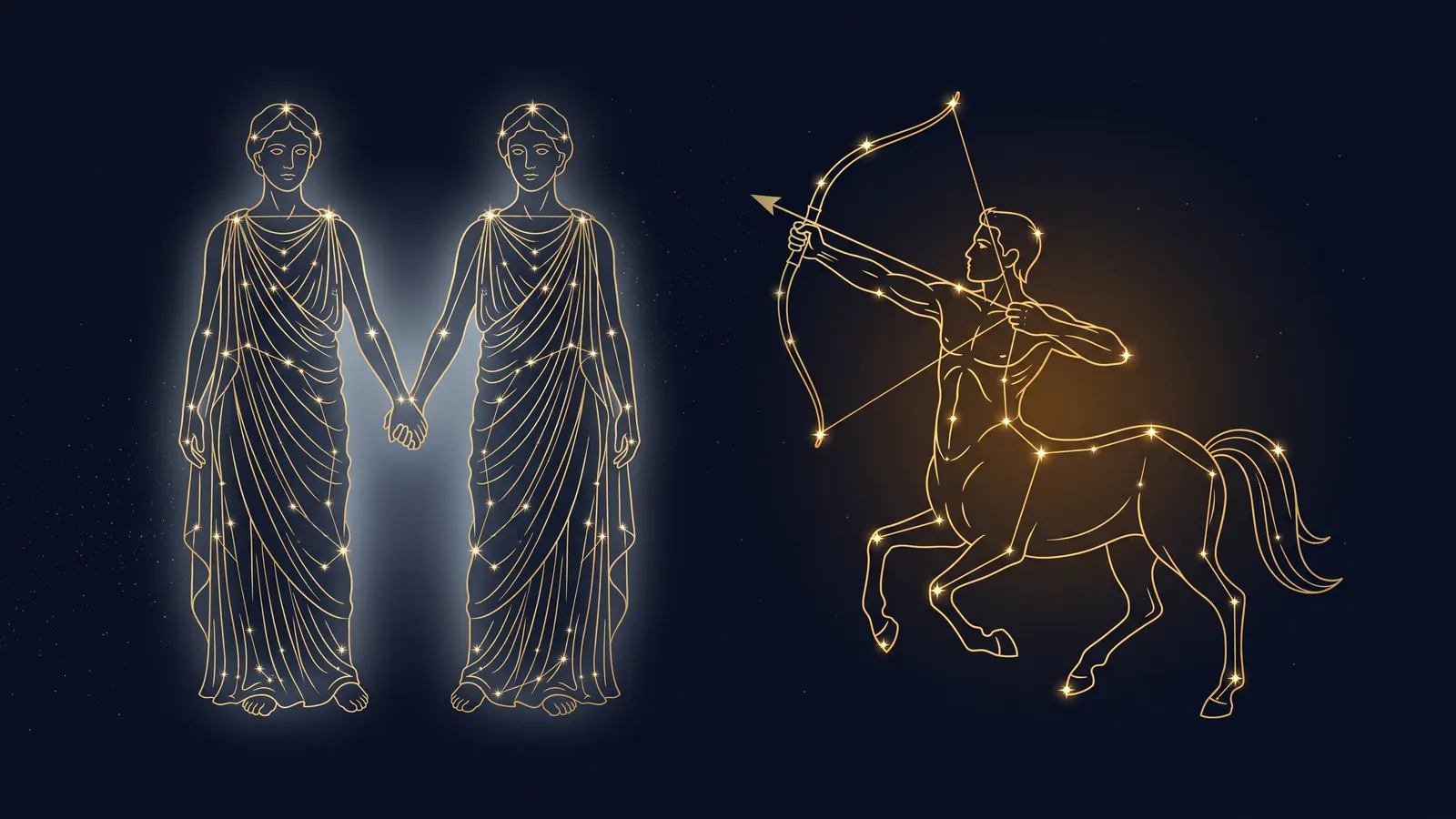 Two gold constellations on a midnight sky: the twins of Gemini facing the archer of Sagittarius
