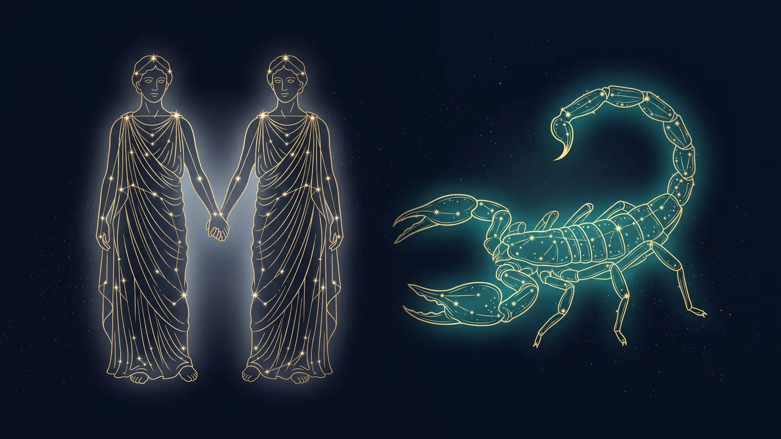 Two gold constellations on a midnight sky: the twins of Gemini facing the scorpion of Scorpio