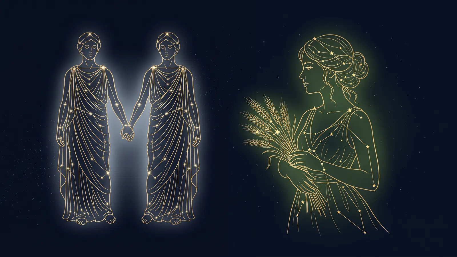 Two gold constellations on a midnight sky: the twins of Gemini facing the maiden of Virgo