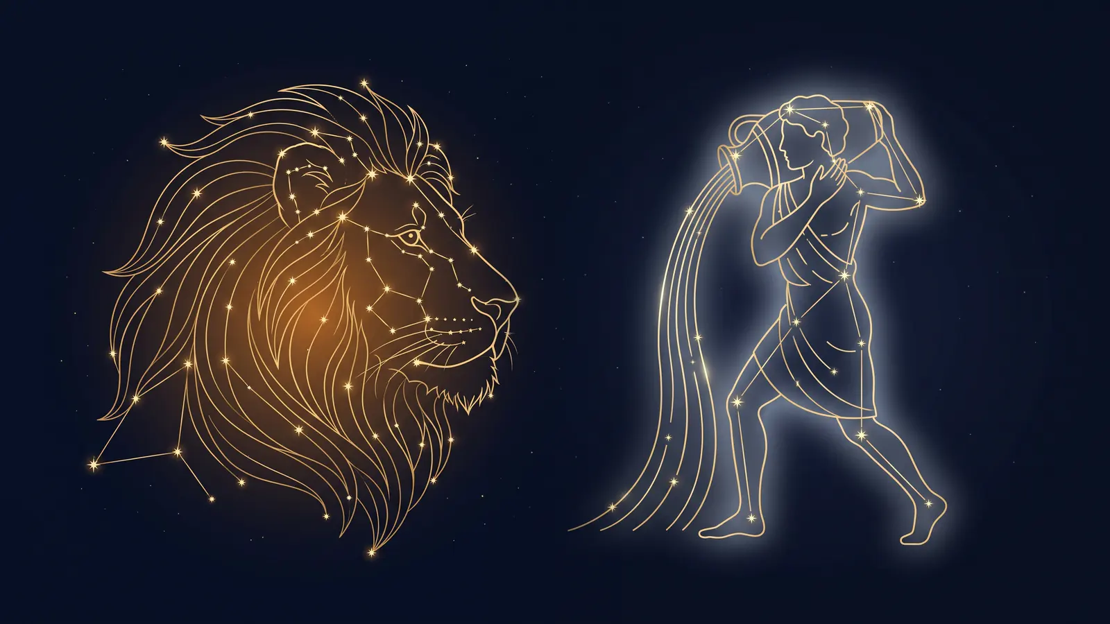 Two gold constellations on a midnight sky: the lion of Leo facing the water bearer of Aquarius