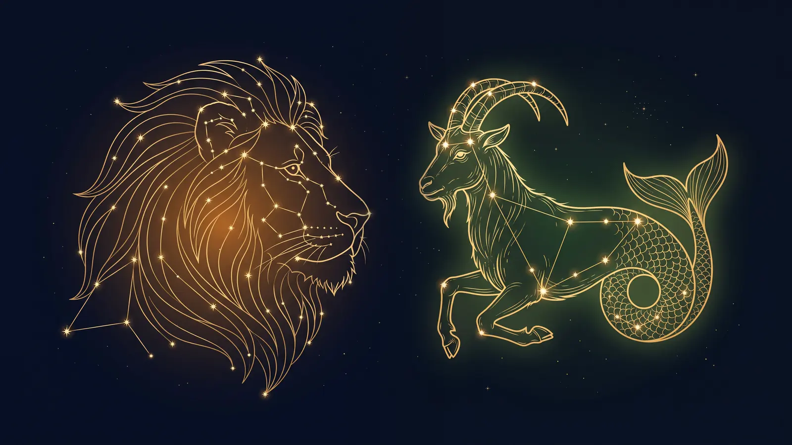 Two gold constellations on a midnight sky: the lion of Leo facing the sea-goat of Capricorn