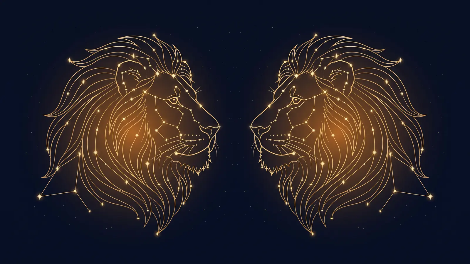 Two gold constellations of the lion, the symbol of Leo, facing each other on a midnight sky