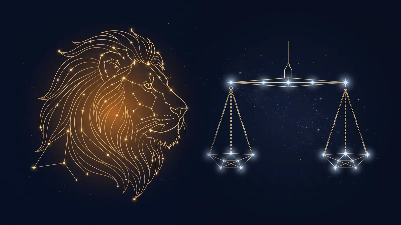 Two gold constellations on a midnight sky: the lion of Leo facing the scales of Libra