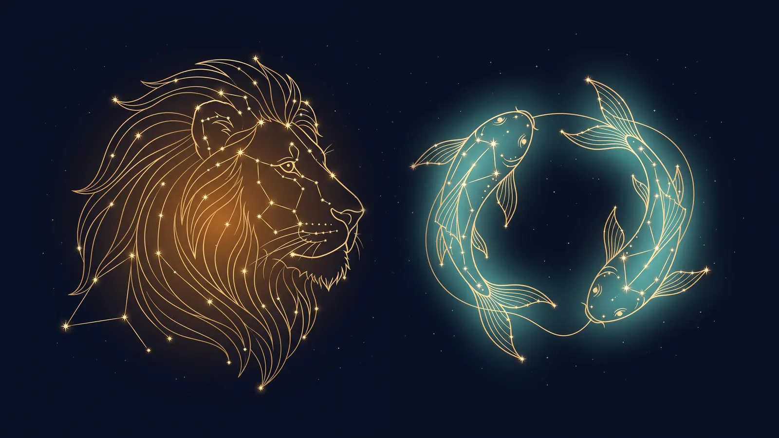 Two gold constellations on a midnight sky: the lion of Leo facing the fish of Pisces
