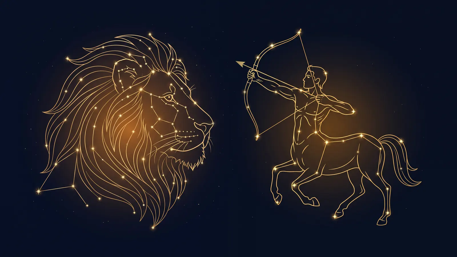 Two gold constellations on a midnight sky: the lion of Leo facing the archer of Sagittarius