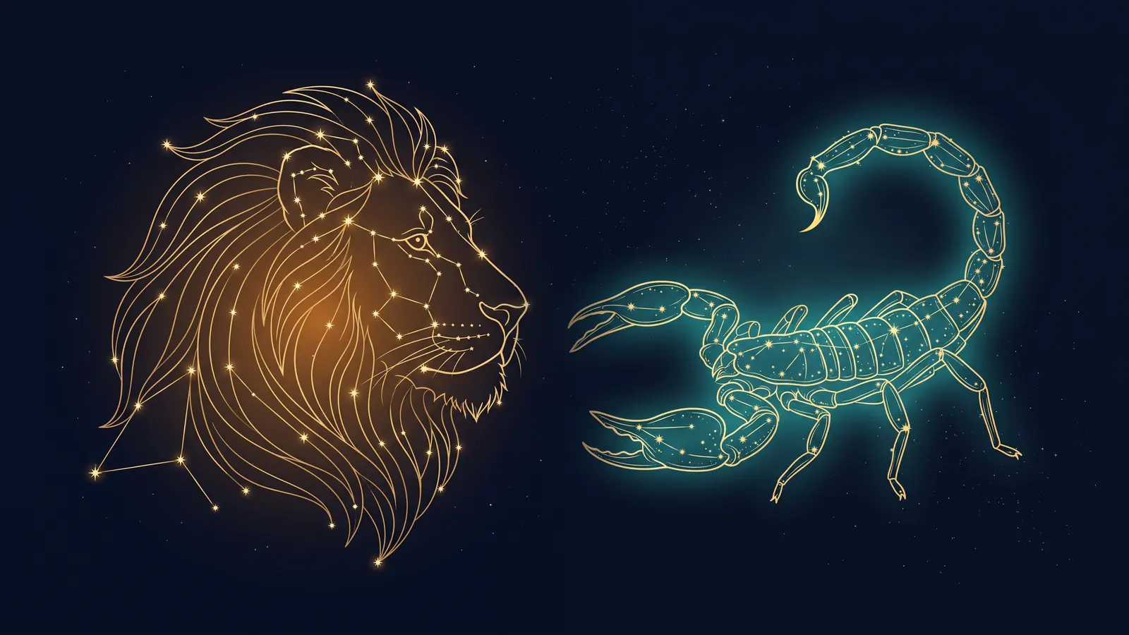 Two gold constellations on a midnight sky: the lion of Leo facing the scorpion of Scorpio