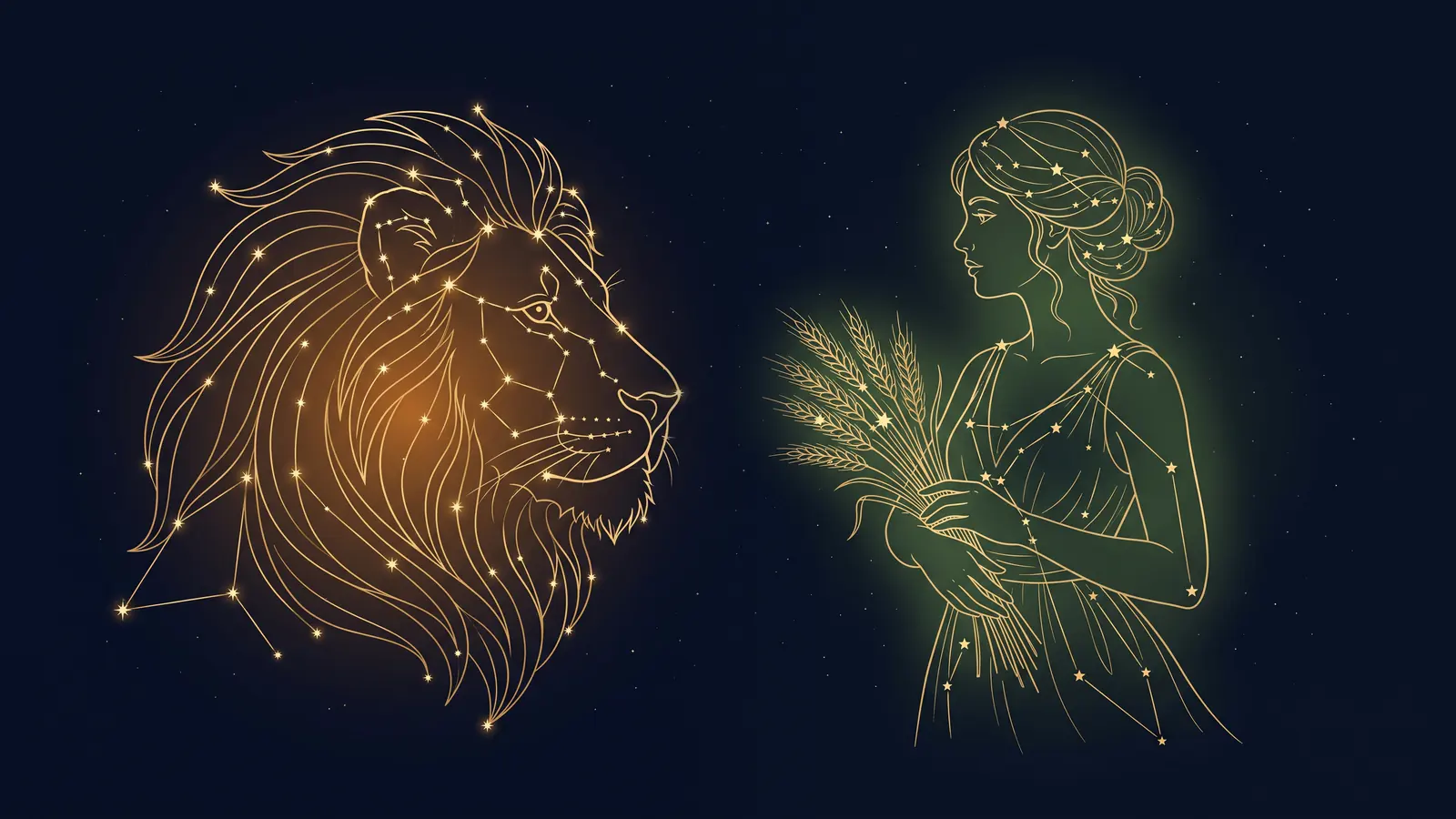 Two gold constellations on a midnight sky: the lion of Leo facing the maiden of Virgo