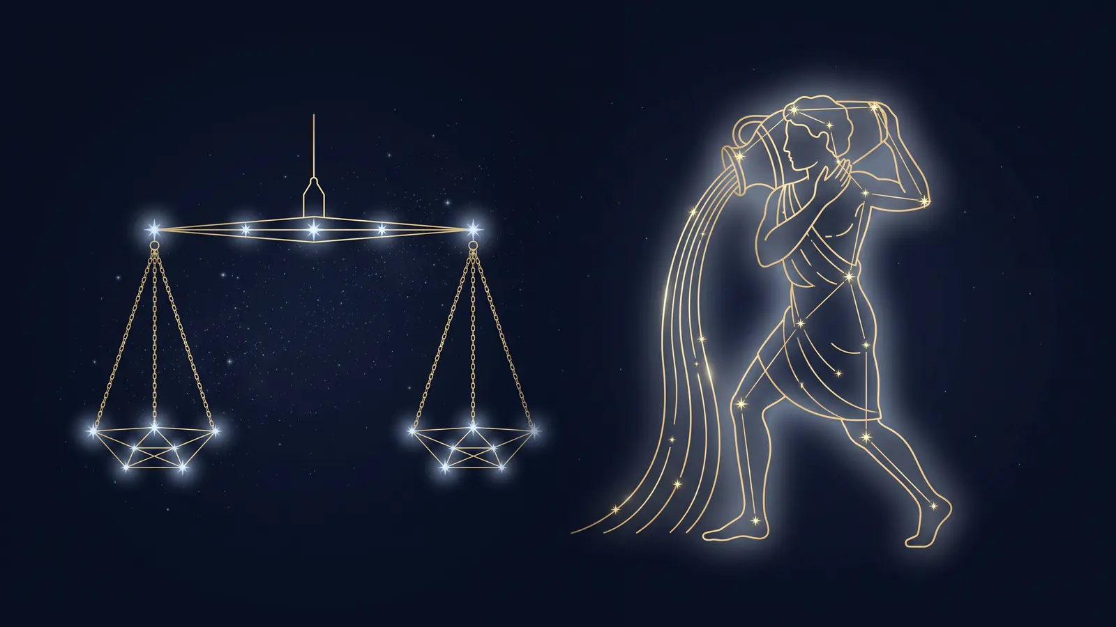 Two gold constellations on a midnight sky: the scales of Libra facing the water bearer of Aquarius