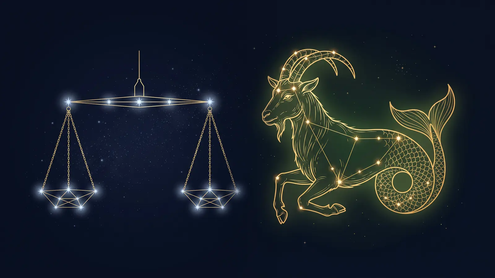 Two gold constellations on a midnight sky: the scales of Libra facing the sea-goat of Capricorn