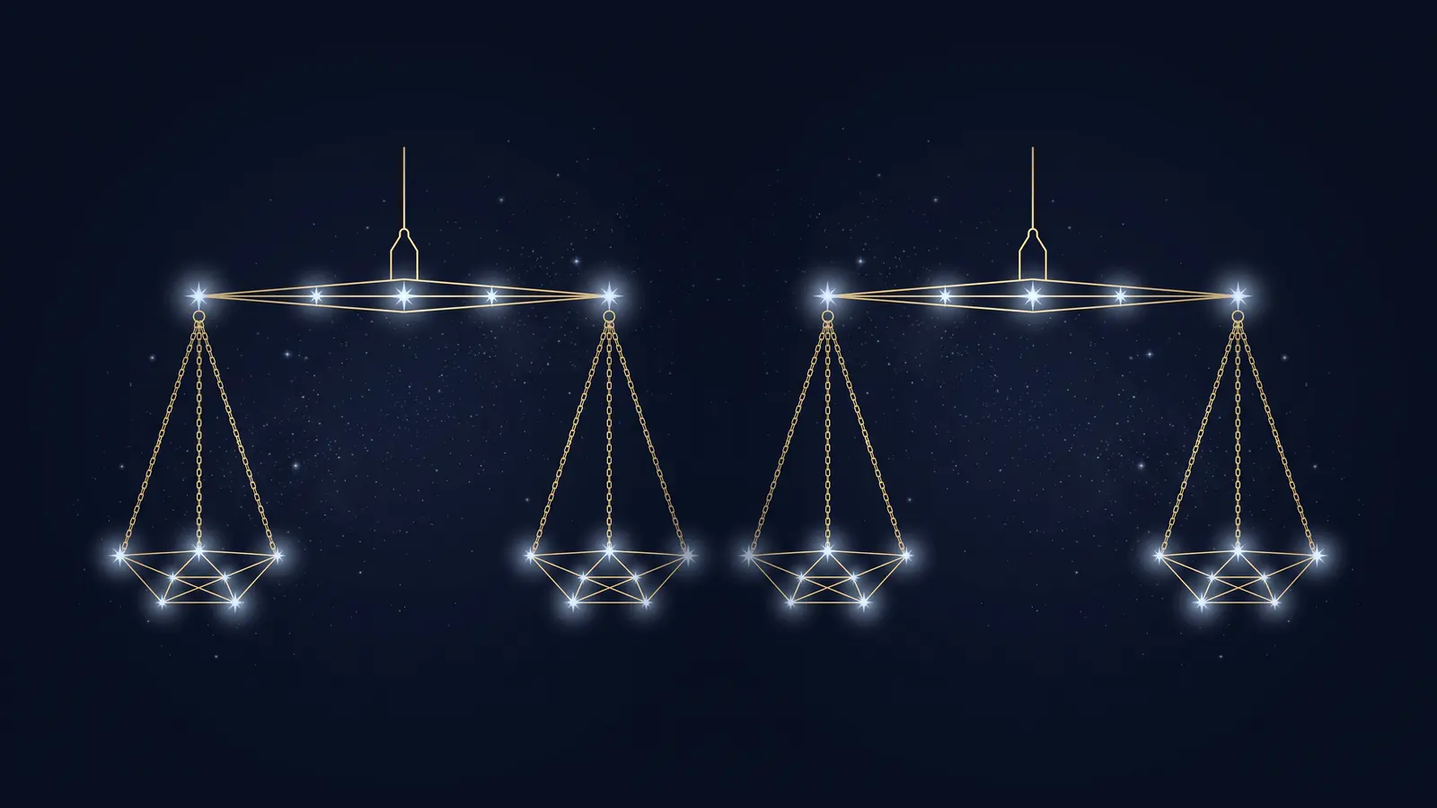 Two gold constellations of the scales, the symbol of Libra, facing each other on a midnight sky