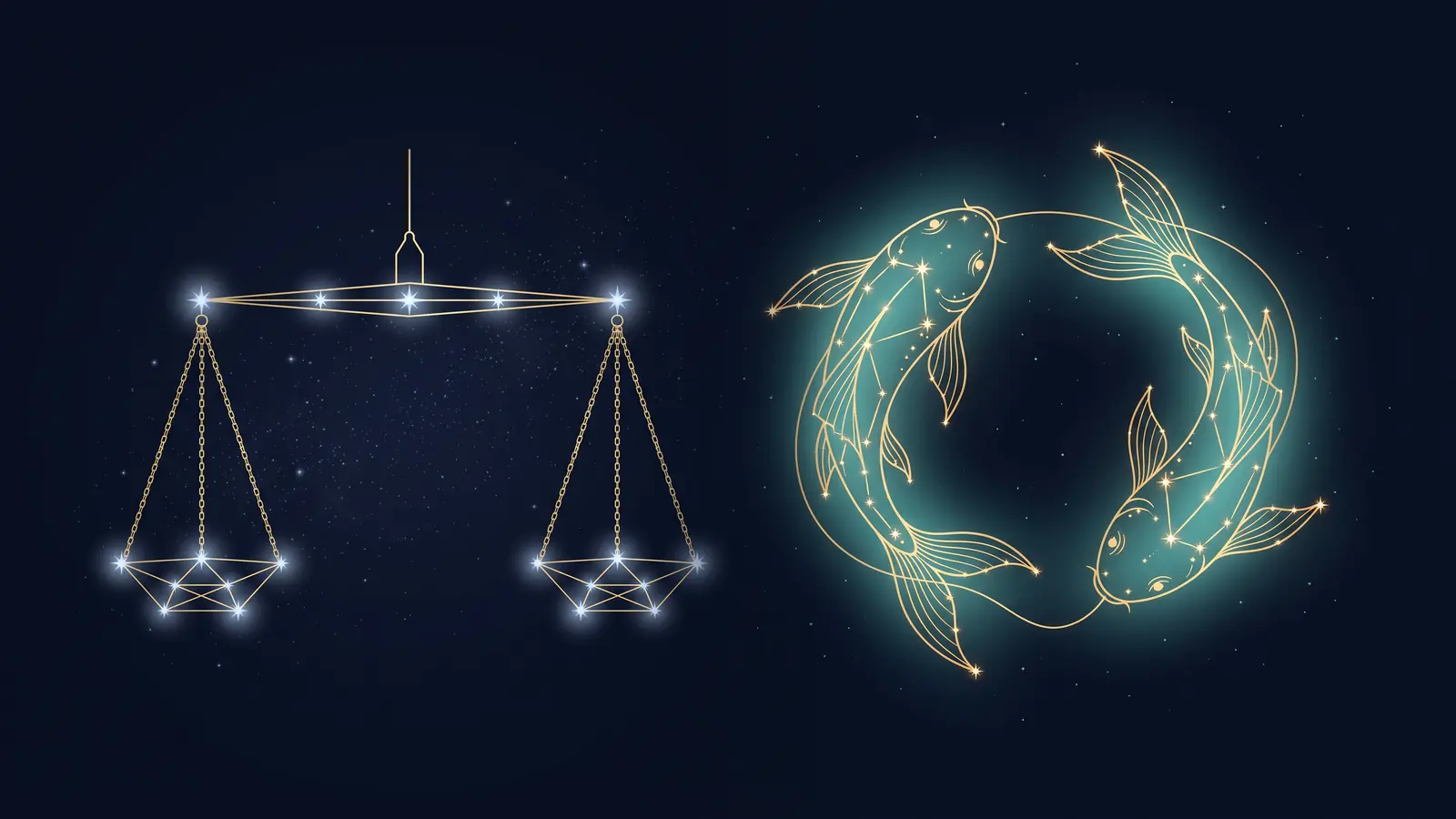 Two gold constellations on a midnight sky: the scales of Libra facing the fish of Pisces