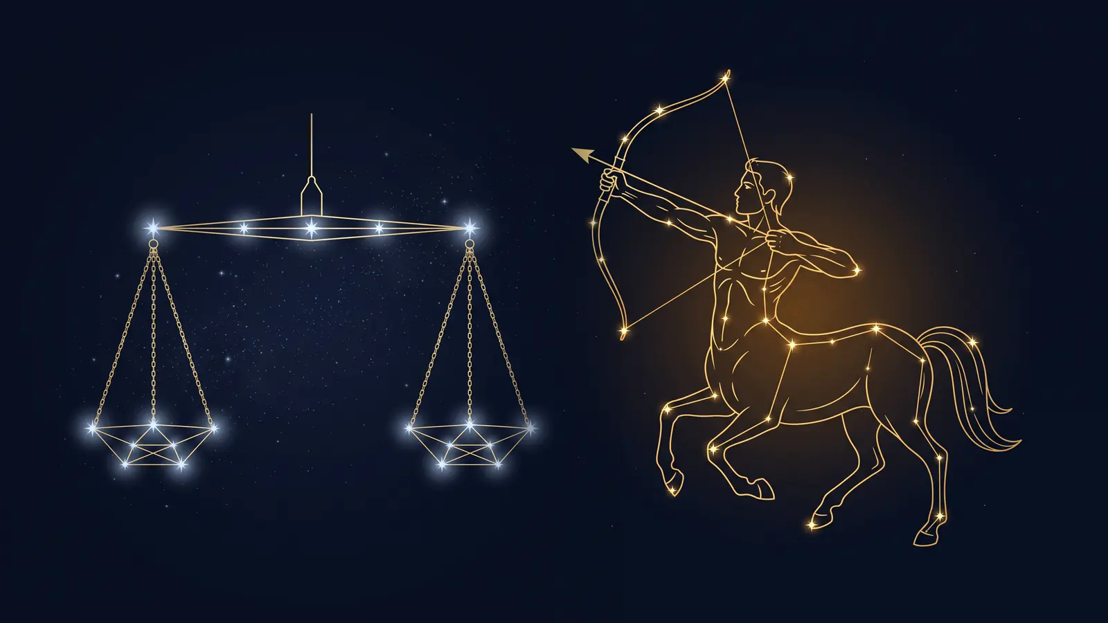 Two gold constellations on a midnight sky: the scales of Libra facing the archer of Sagittarius