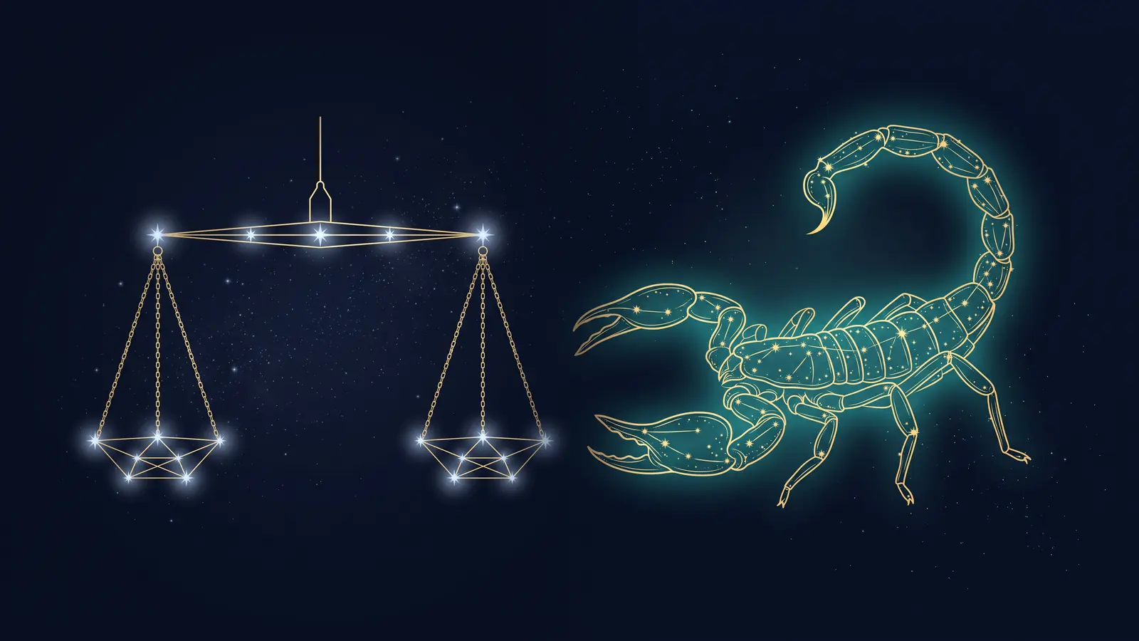 Two gold constellations on a midnight sky: the scales of Libra facing the scorpion of Scorpio