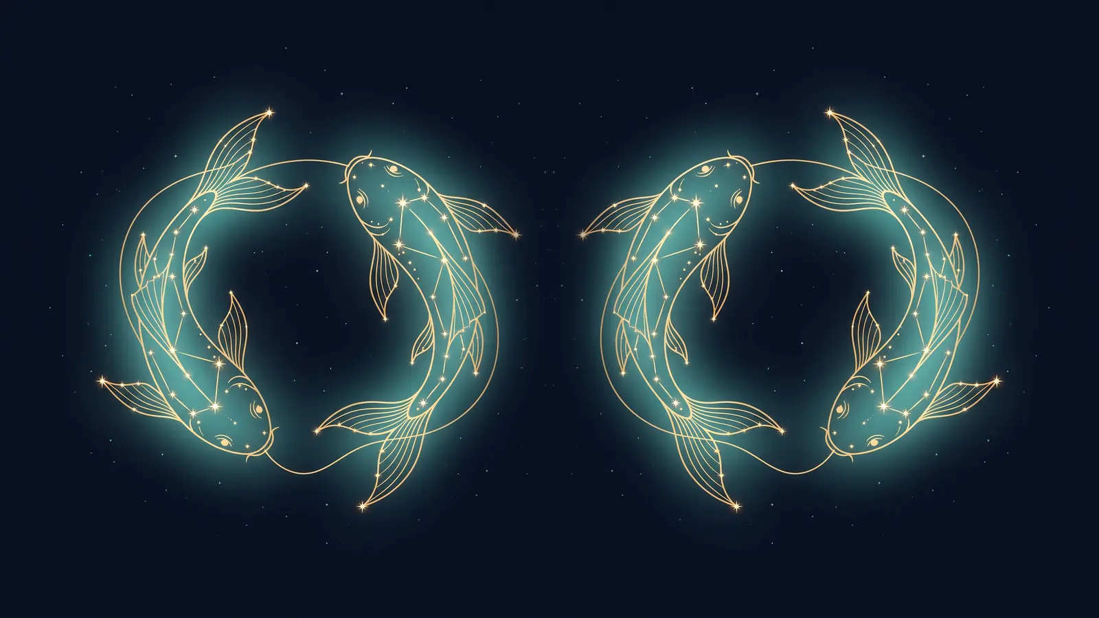 Two gold constellations of the fish, the symbol of Pisces, facing each other on a midnight sky