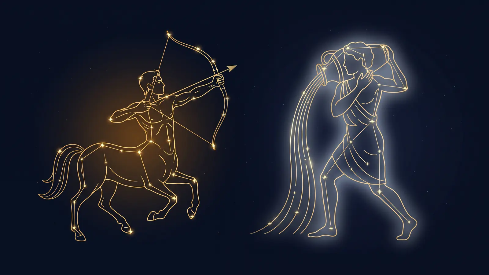 Two gold constellations on a midnight sky: the archer of Sagittarius facing the water bearer of Aquarius