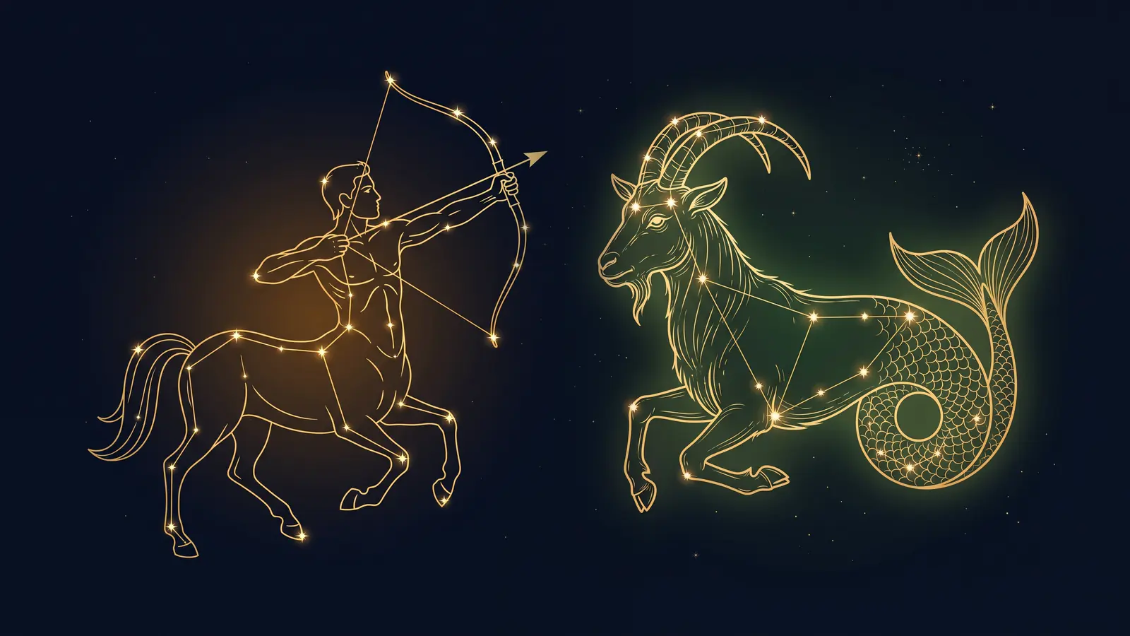 Two gold constellations on a midnight sky: the archer of Sagittarius facing the sea-goat of Capricorn