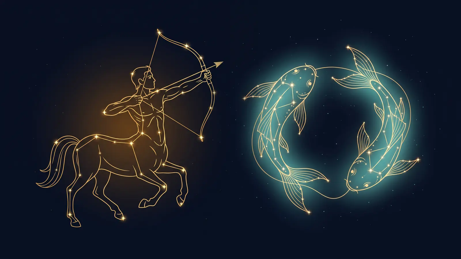Two gold constellations on a midnight sky: the archer of Sagittarius facing the fish of Pisces