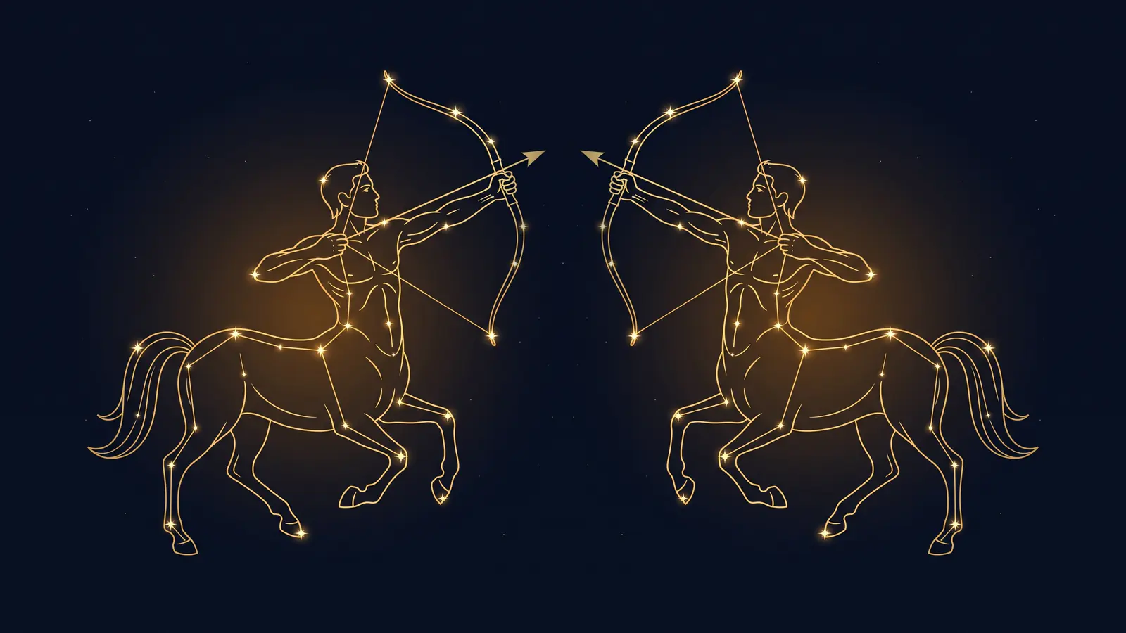Two gold constellations of the archer, the symbol of Sagittarius, facing each other on a midnight sky