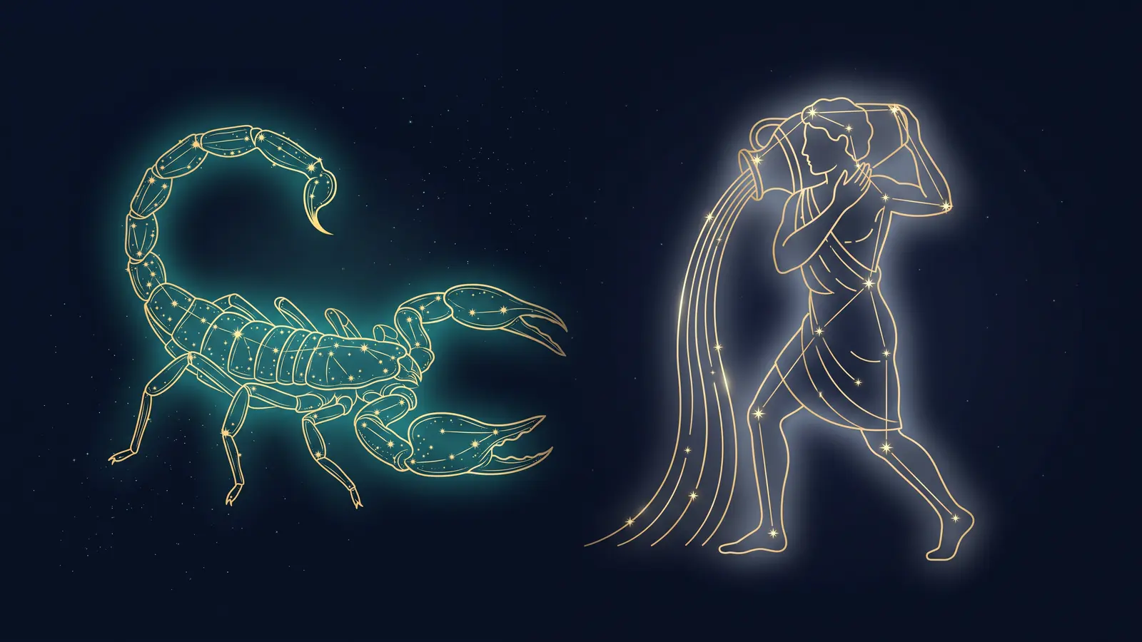 Two gold constellations on a midnight sky: the scorpion of Scorpio facing the water bearer of Aquarius