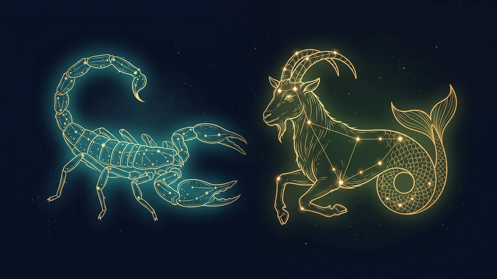 Two gold constellations on a midnight sky: the scorpion of Scorpio facing the sea-goat of Capricorn