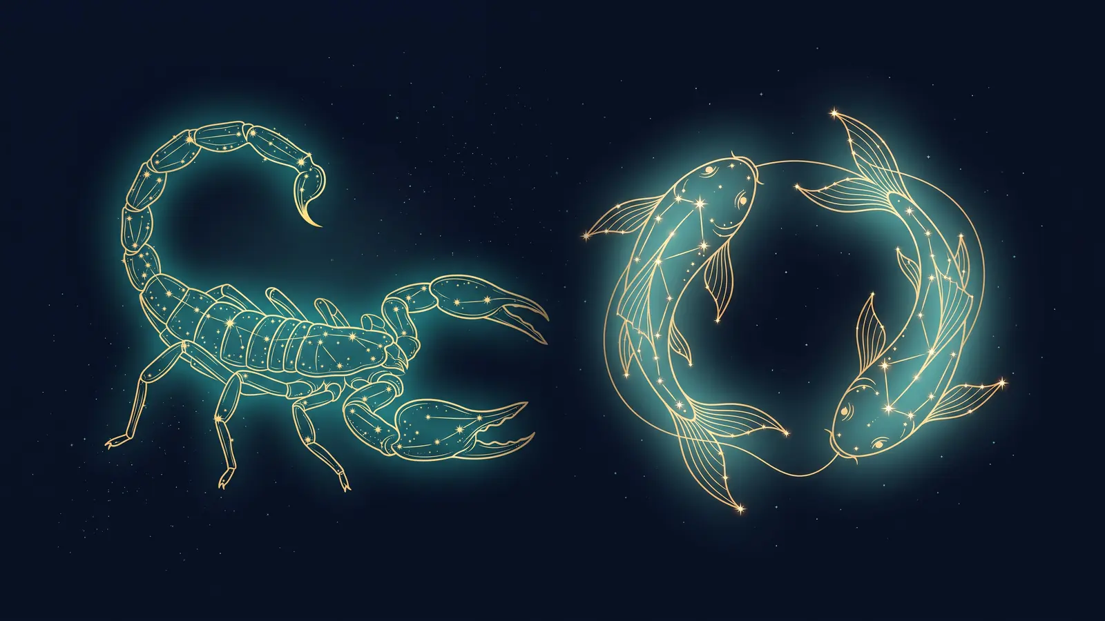 Two gold constellations on a midnight sky: the scorpion of Scorpio facing the fish of Pisces