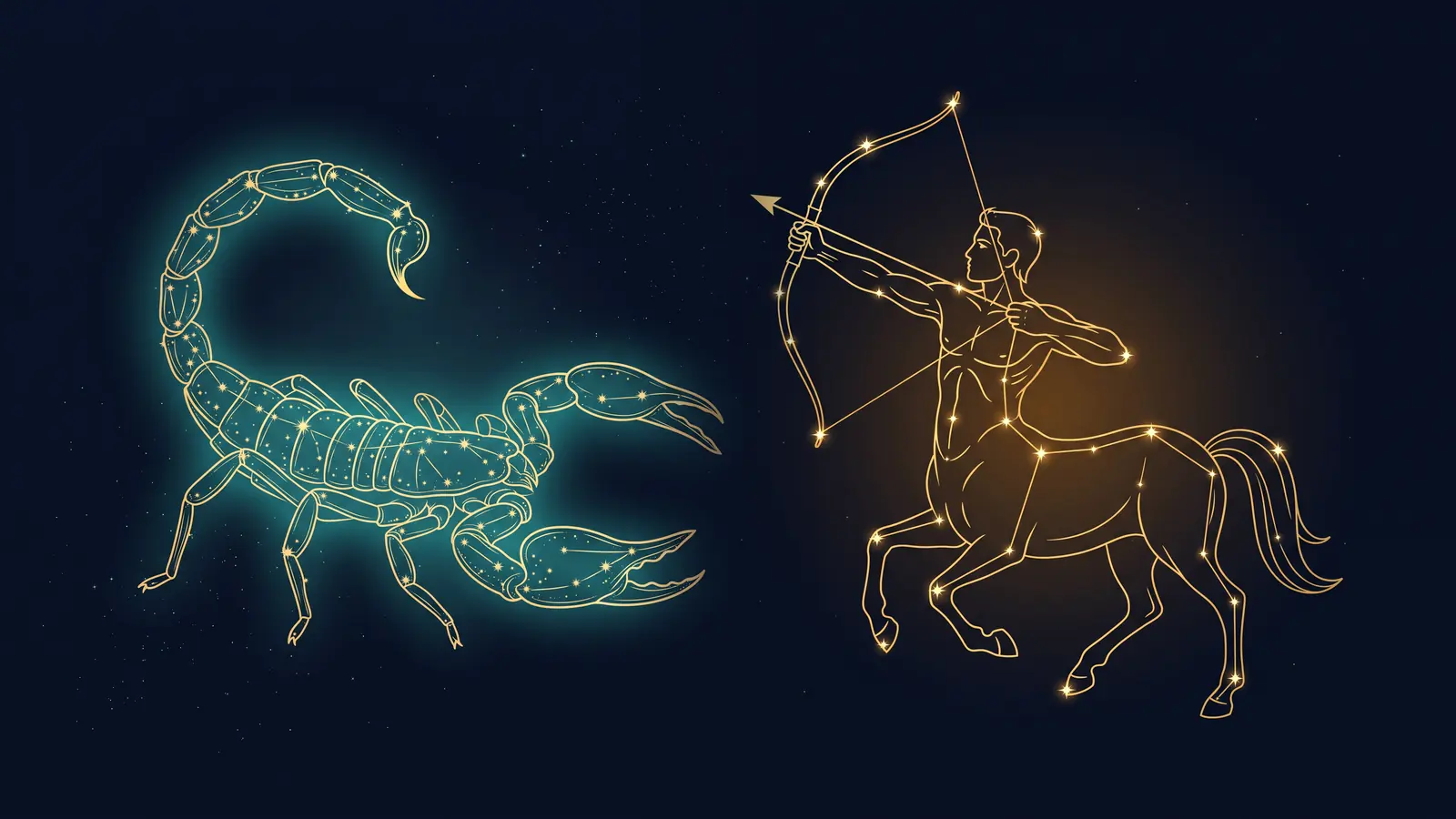 Two gold constellations on a midnight sky: the scorpion of Scorpio facing the archer of Sagittarius
