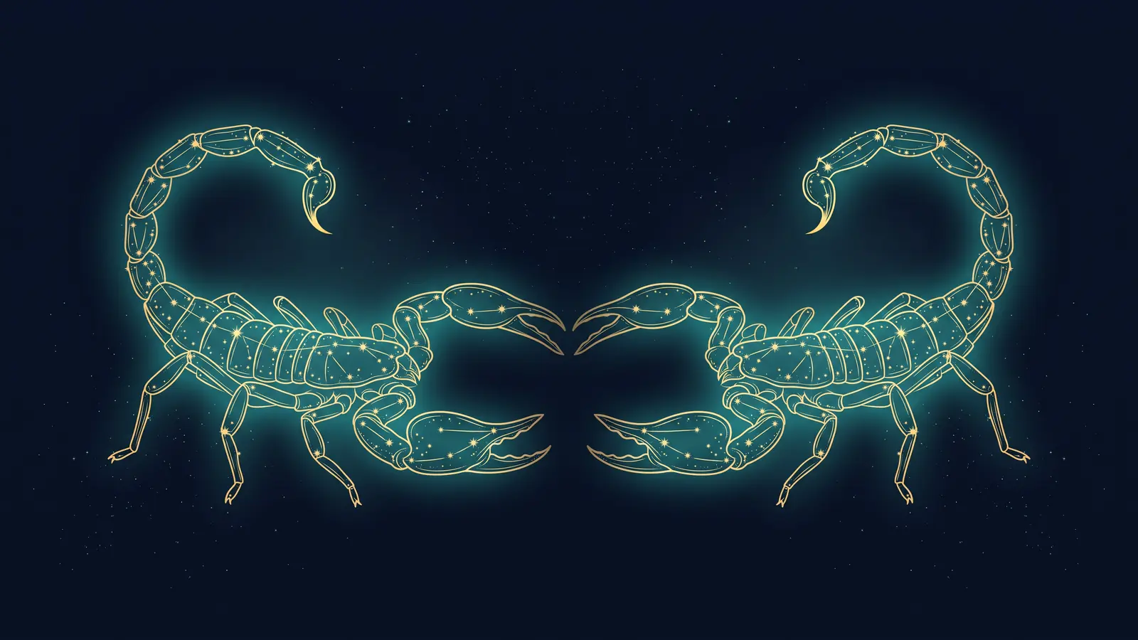 Two gold constellations of the scorpion, the symbol of Scorpio, facing each other on a midnight sky