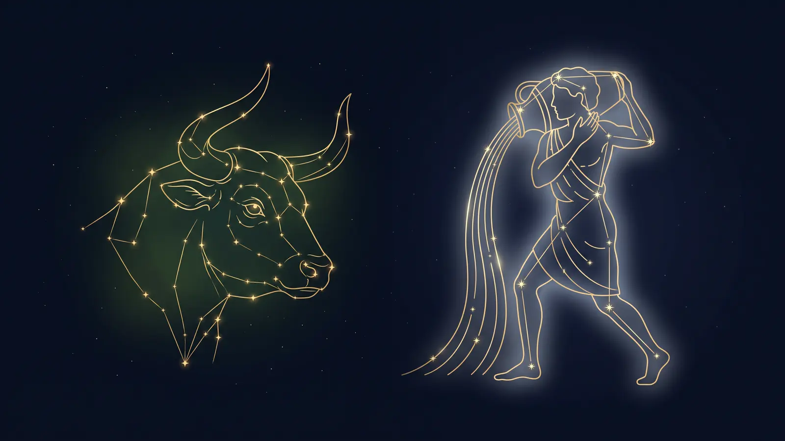 Two gold constellations on a midnight sky: the bull of Taurus facing the water bearer of Aquarius